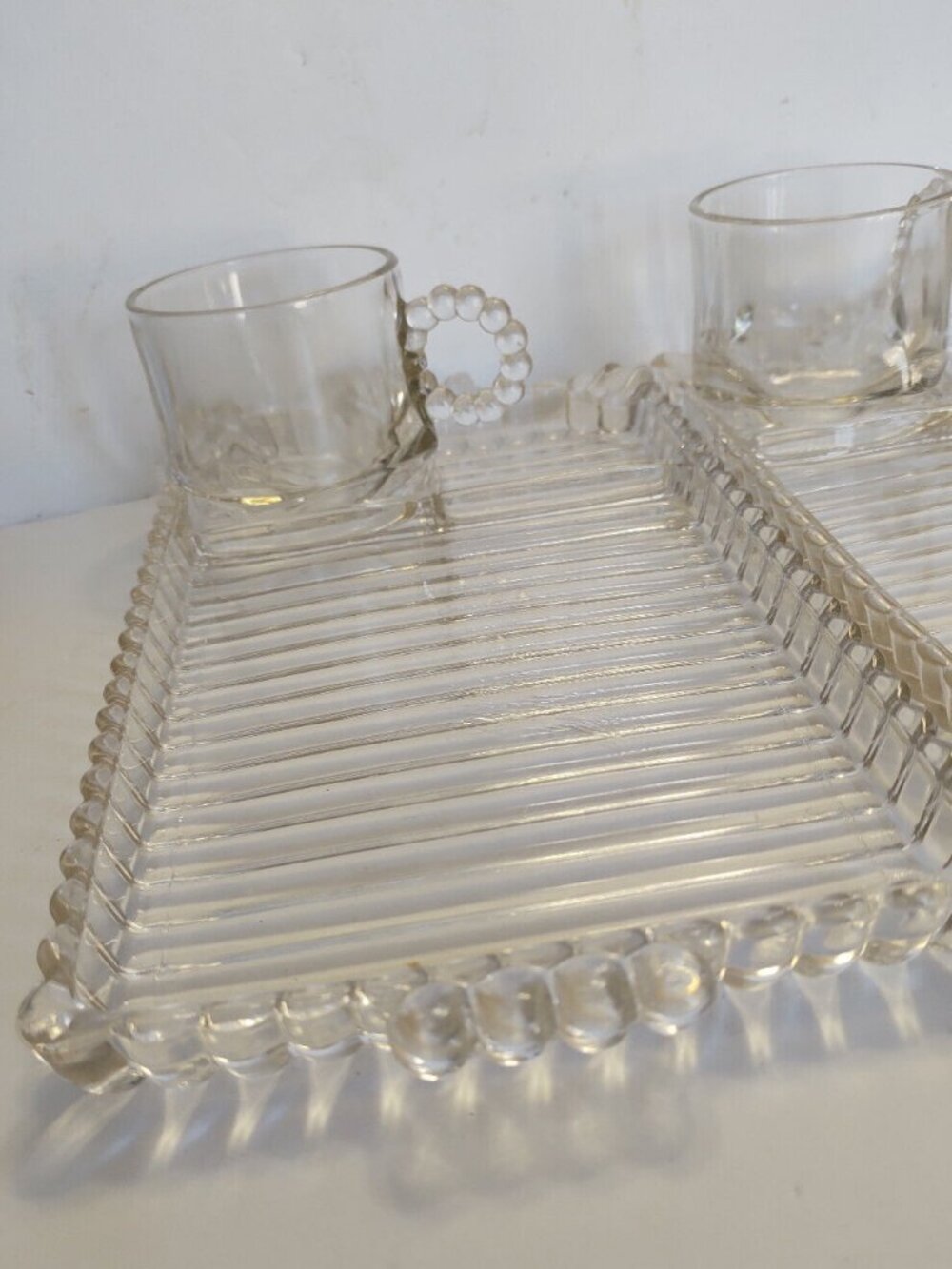 Two Sets Ball and Rib design made by Hazel Atlas Glass Snack Trays
